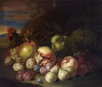 Fruit in a Wicker Basket: Grapes and Peaches