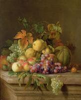 A Still Life Of Melons Grapes And Peaches On A Ledge