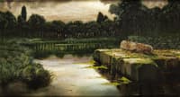 View over a pond with ancient ruins stones