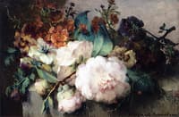 Peonies and Violets on a Stone Ledge