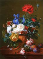 A Bouquet of Roses, Poppies, Forget-me-nots, Irises and Carnations in an Earthenware Vase...
