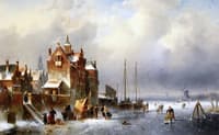 A Koek-en-zopie on a Frozen Waterway near a Dutch Town