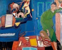 Interior with piano, woman and child painting