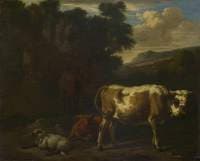 Two Calves, a Sheep and a Dun Horse by a Ruin