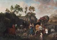 Landscape with an Old Herdsman and Young Market Girl Fording a Stream Followed by Two Horse-and-Cart