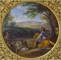 Arrival of Louis XIV with his guards in front in view of he old Castle of Versailles