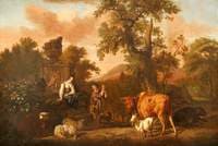 A Landscape with an Antique Tomb with a Ruined Urn, a Herdsboy and Shepherd Girl, Cattle, Sheep, and