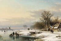 A winter landscape with skaters on the ice