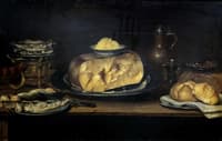 Still-life with cheese, sausage, fish and bread
