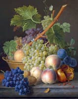 A still life with grapes and peaches in a basket, a pomegranate and plums on a marble ledge