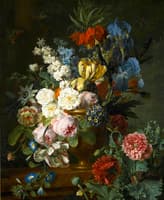 Still life of Fritillaria imperialis, roses, tulips, and other flowers on a marble ledge