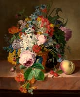 Still Life of Flowers in a Basket with a Peach on a Ledge