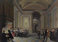 A palatial interior with ladies and gentleman feasting, entertained by Carnival mummers