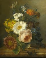 Still life with daffodils, rose and other flowers in a vase with a butterfly, dragonfly and a beetle