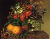 Thistle, Echinops, Myrtle in a Glass Vase with Oranges, Blackberries and a Butterfly no a Brown Marble Ledge