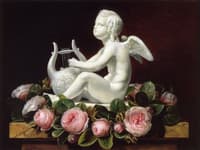 Garland of Pink Roses around 'Cupid Playing a Lyre' on a Brown Marble Ledge