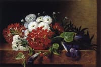 Iris, Dahlia, Pelargonium and Ivy Leaves on a Brown Marble Ledge