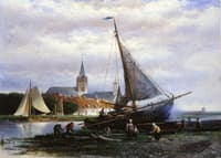 A River Landscape with a Fishing Boat on a Shipyard, a Village Beyond
