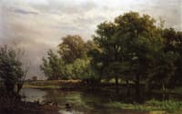 A Wooded River Landscape with Ducks on a Bank