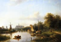 A View of the River Spaarne, Haarlem, with Moored Shipping and a Hay-Barge, the St. Bavo Church in the Background