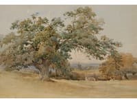 An oak tree in full leaf with a windmill on the landscape behind
