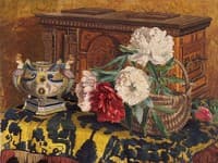Still life with peonies and wooden casket