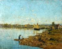 Laguna veneta con lavandaie e barche di pescatori