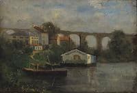 French river landscape with aqueduct