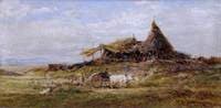 Sheep, Shepherd, Oxcart and Huts in Plain Landscape