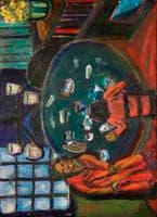 Study of figures seated at a table under a hanging light