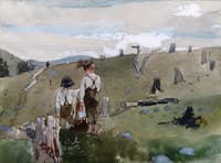 Boys on a Hillside: with Blue Berry Pail Amid Tree Stumps