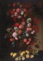 Still life of citrus fruit and flowers