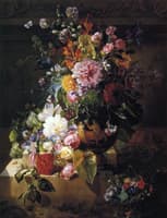 Still Life with Roses, Peonies, Lilac, Morning Glories and other Flowers in a Greek Vase on a Stone Plinth