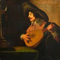 Man with Lute Sitting at a Table with an Oil Lamp