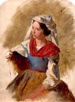 Woman in a Red and Blue Dress