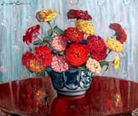 Zinnias in a Grey Vase