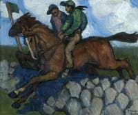 Two Jockeys on Horses, Leaping a Stone Wall