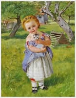 Girl and kitten in an orchard