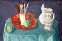 Still Life with Jug, Apples and Feathers in a Vase