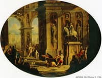 A Capriccio of a Classical Palace with Alexander at the Tomb of Achilles