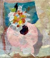 Vase of Flowers on a Pink Tablecloth