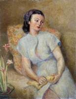 Lady Knitting with a Vase of Freesias