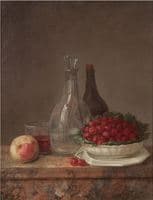A Still Life With A Bowl Of Cherries, A Peach And Carafes Of Water And Wine On A Marble Ledge