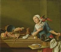 Kitchen Still-life with a Woman and Parrot