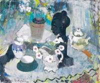 Pinks in a jug with sugarbowl and teacups