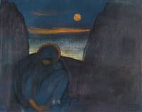 Femme en Méditation dans un paysage symboliste à la pleine lune