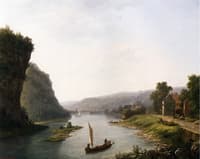 Fishing Boats on a River by a Village