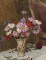 Still Life with Michaelmas Daisies and Cornflowers in a Jug on a White Cloth draped Table