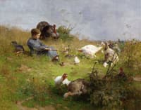 A Young Girl with a Flock of Turkeys
