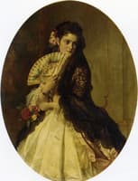 An Elegant Lady with a Fan Wearing a Black Shawl